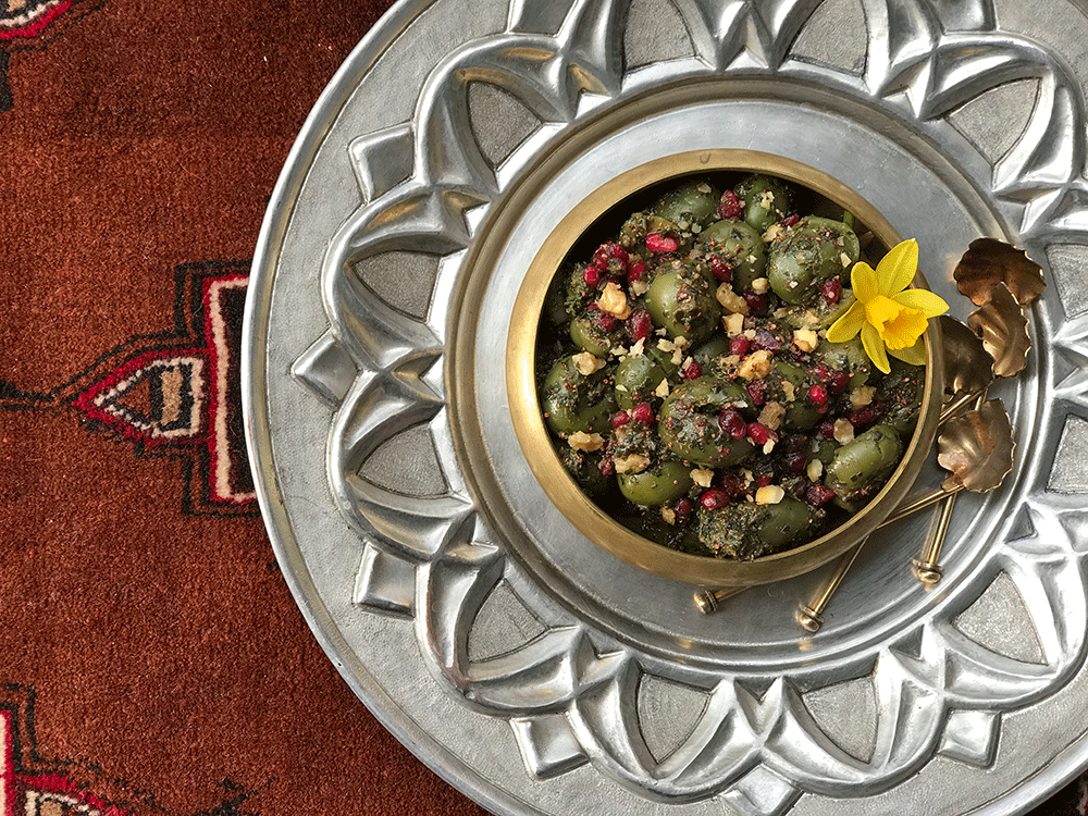 Persian side dish: Persian style marinated olive with pomegranate and walnut