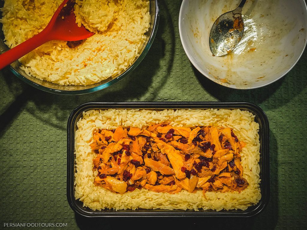 layers of chicken in Tahchin, Persian rice cake