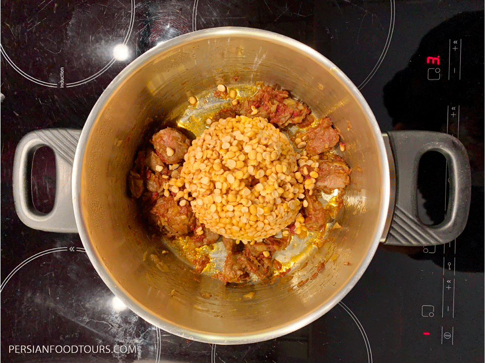 Khoresht Gheymeh Bademjan-meat mixed with fried onions and split peas