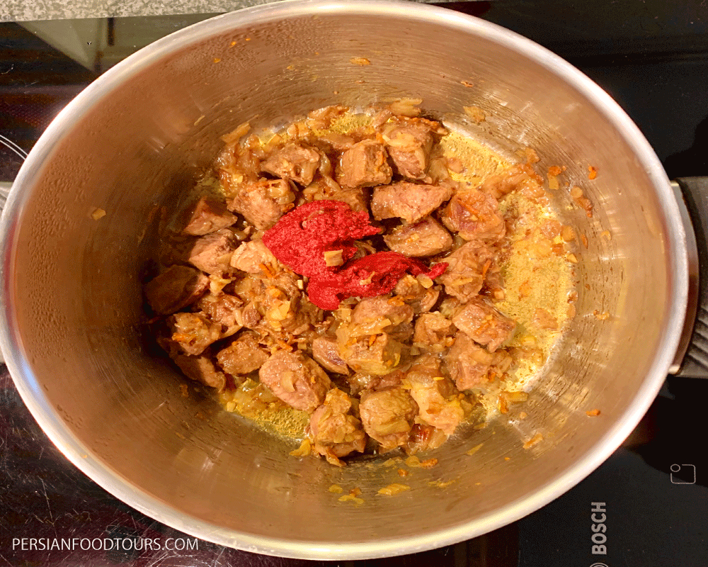 Khoresht Gheymeh Bademjan-meat mixed with tomato paste