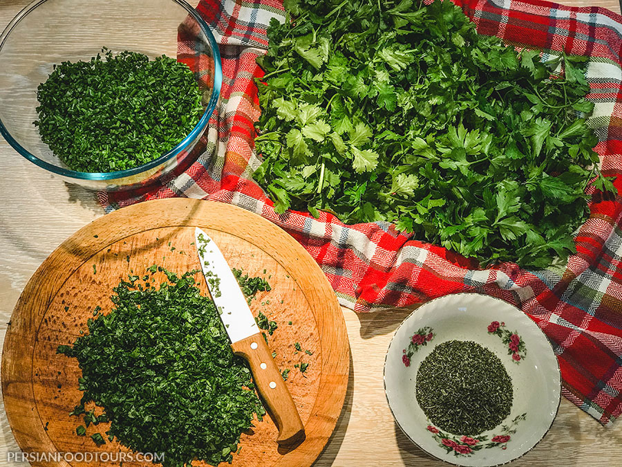 Ghormeh Sabzi chopped herbs - Persian herbs stew